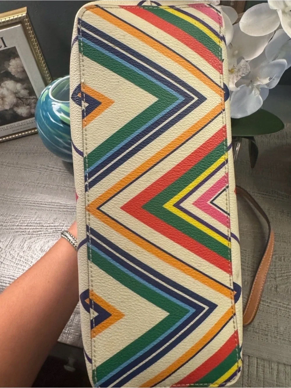 Tory Burch Multi-Stripe Chevron Canvas Tote with Brown Leather Trim EUC - Picture 7 of 10